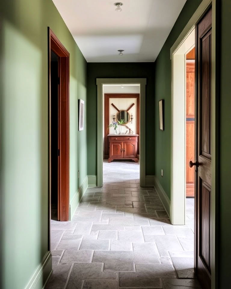 stone flooring for moss green hallway - 20 Green Hallway Ideas