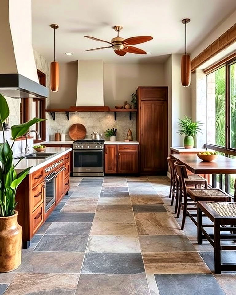 stone flooring for ocean inspired look - 20 Tropical Kitchen Ideas
