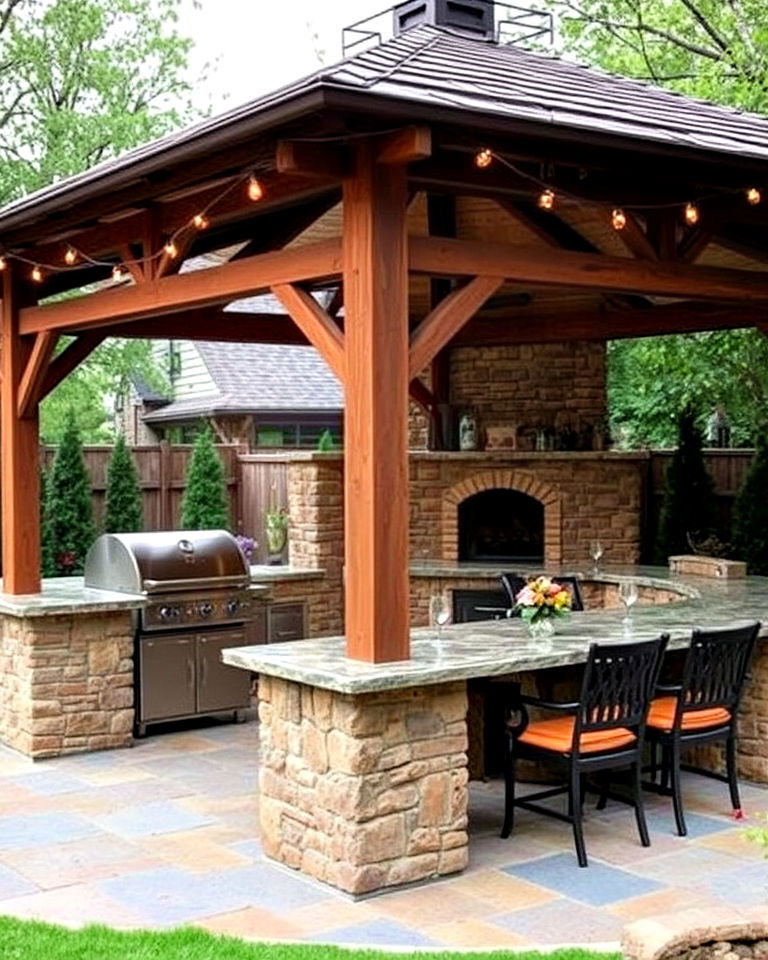 stone outdoor kitchen with rustic gazebo - 20 Outdoor Kitchen with a Gazebo Ideas
