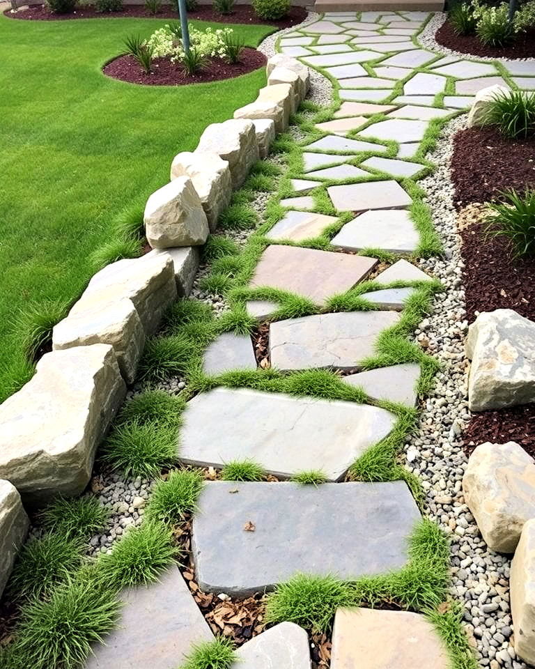 stone pathway to add charm - 30 Ranch House Landscaping Ideas