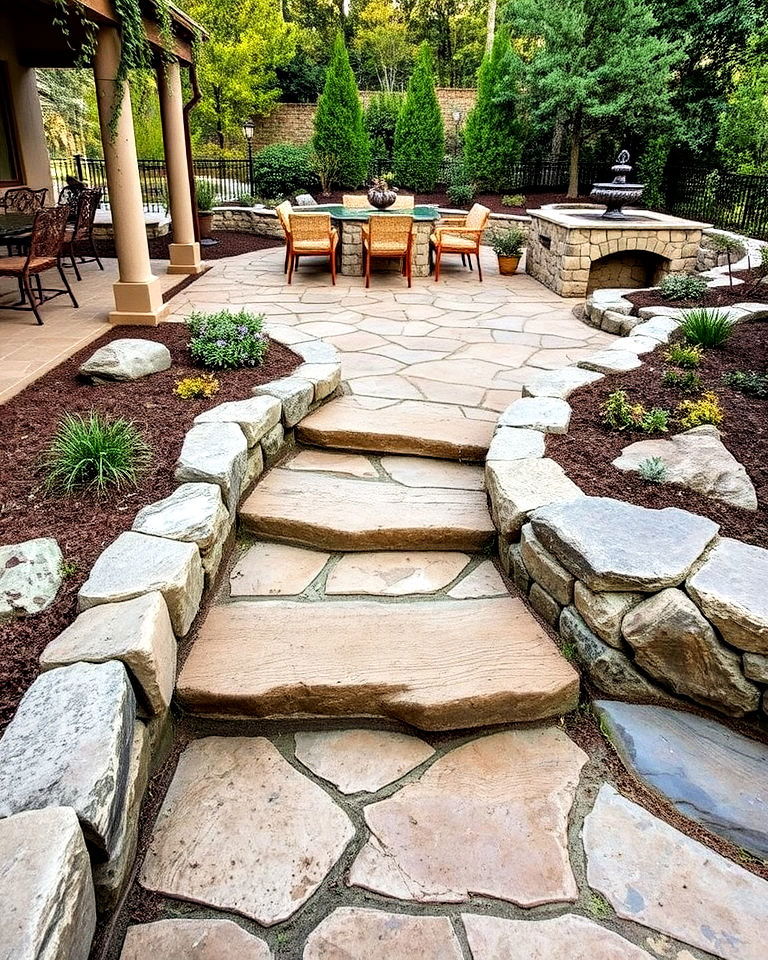 stone pathways and steps to add organic feel - 25 Mediterranean Patio Ideas