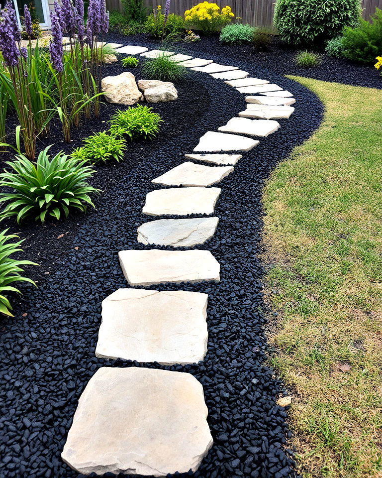 stone pathways with black mulch - 25 Black Mulch Landscaping Ideas