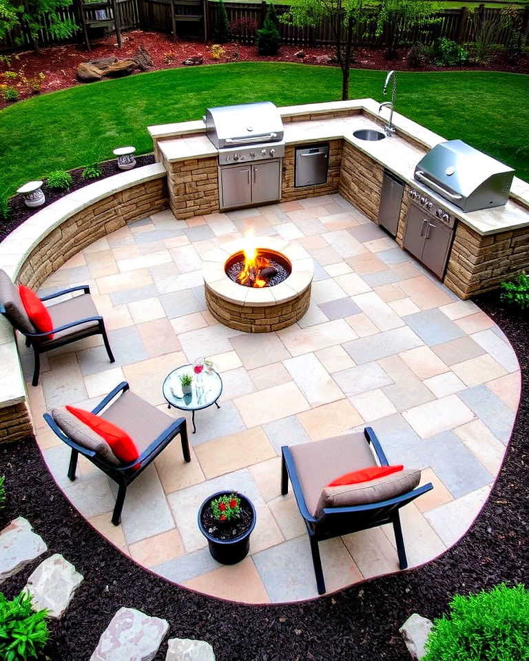 stone patio with fire pit and outdoor kitchen design - 25 Stone Patio With a Fire Pit Ideas