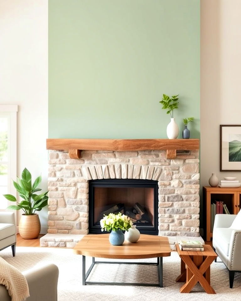 stone surround sage green fireplace - 15 Sage Green Fireplace Ideas