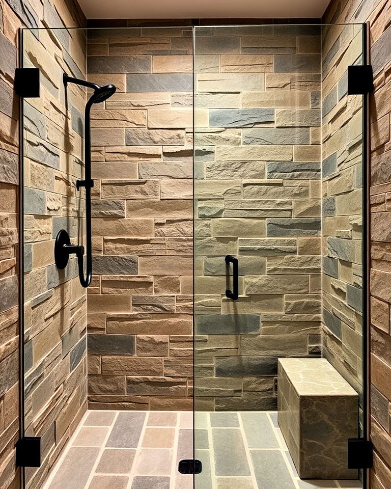stone tile walls for walk in shower - 25 Rustic Walk-in Shower Ideas