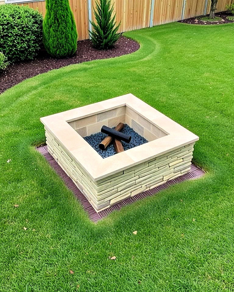 stone veneer for large square fire pit - 20 Front Yard Fire Pit Ideas