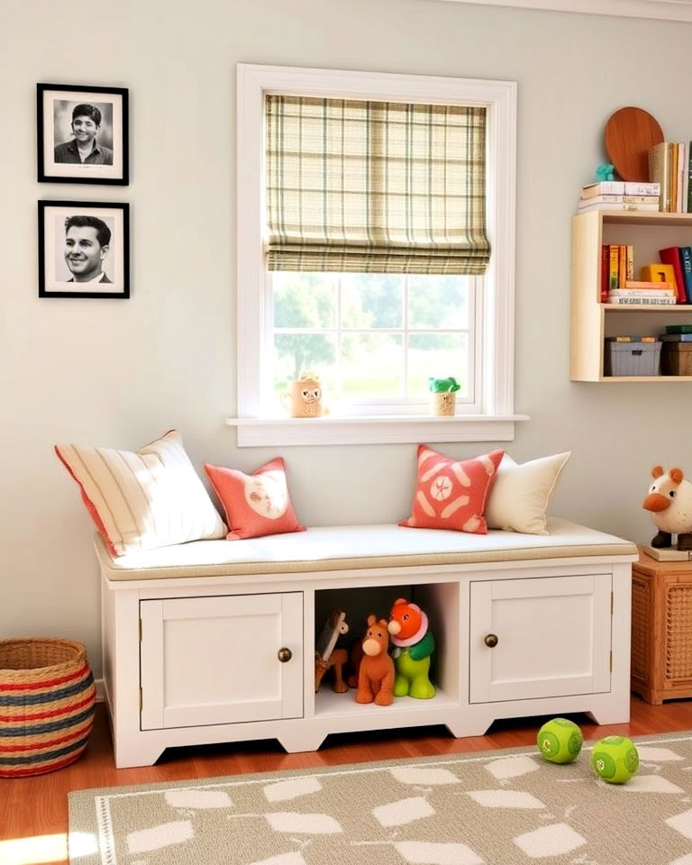 storage bench for seating - 40 Playroom Ideas