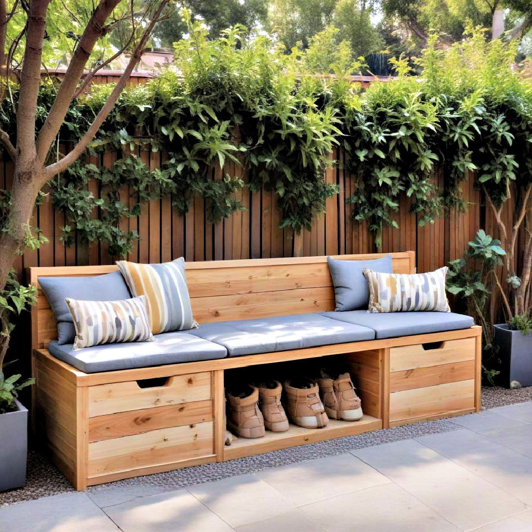 storage solution with built in bench - 40 Small Backyard Ideas