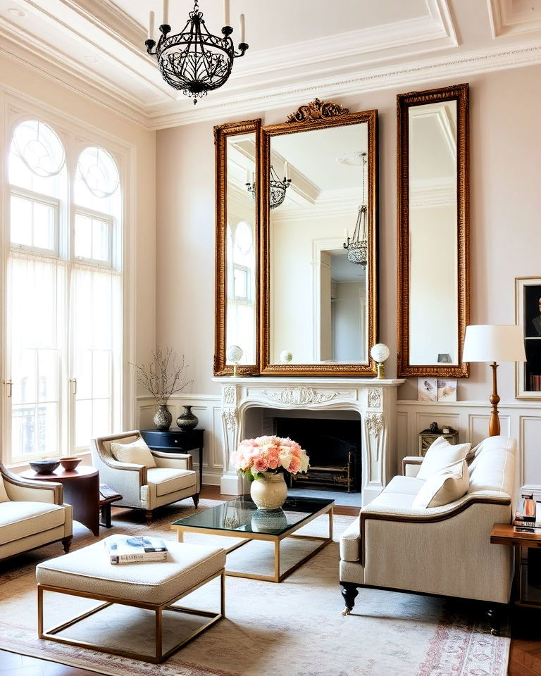 strategically placed mirrors - 25 High Ceiling Living Room Ideas