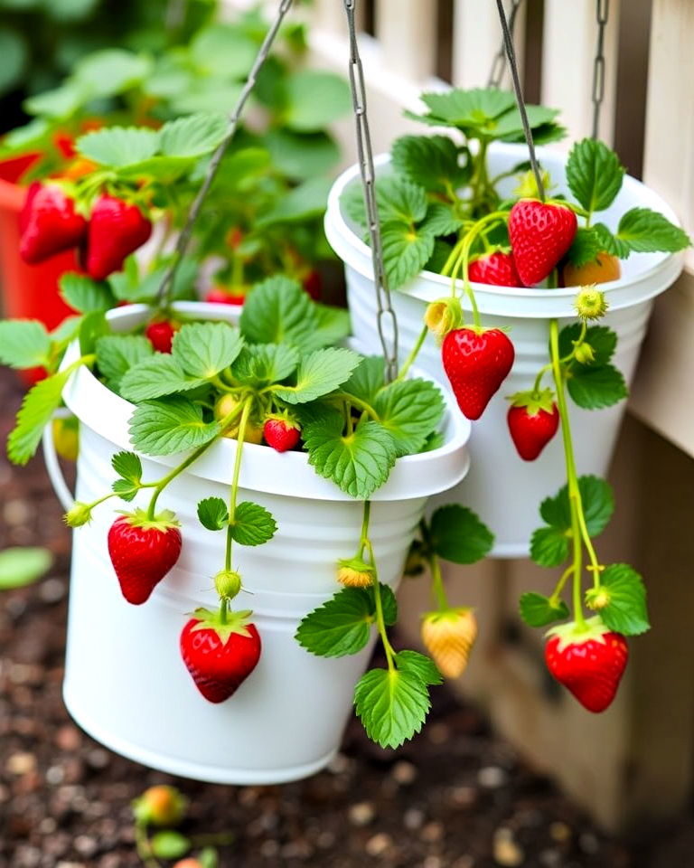 strawberry buckets garden - 20 Bucket Garden Ideas