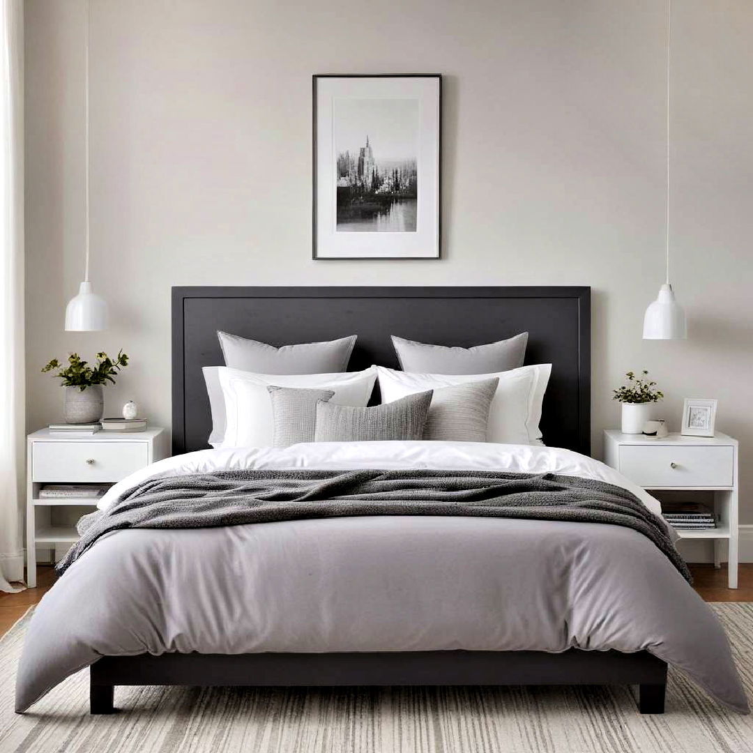 striking grey bed frame against crisp white wall - 40 Grey and White Bedroom Ideas