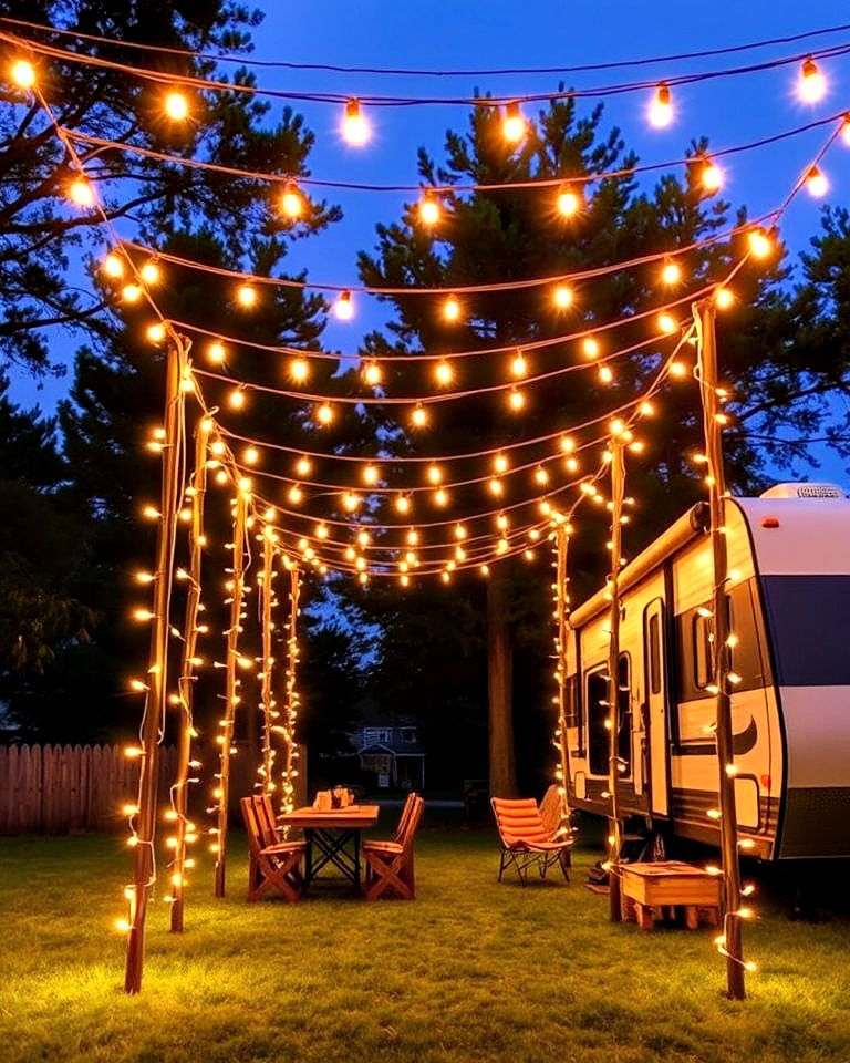 string light poles for rv campsite decor - 30 Rv Campsite Decorating Ideas