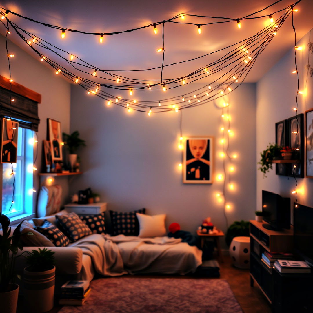 string lights draped across the ceiling - 40 Teen Hangout Room Ideas