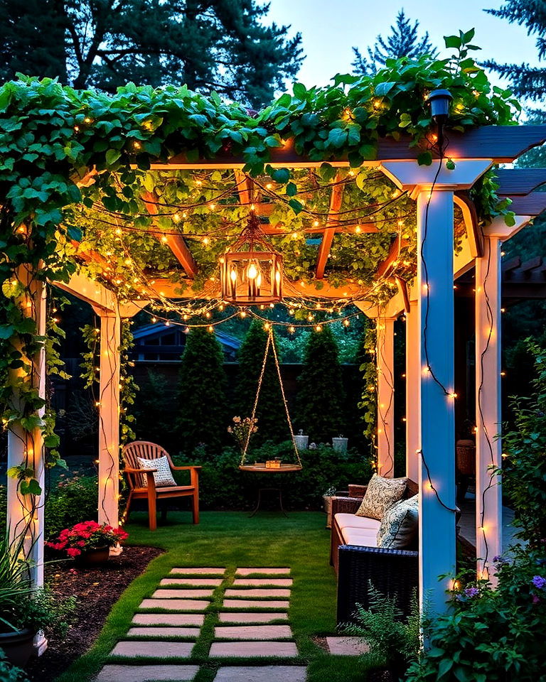 string lights for pergola garden arbor - 40 Garden Arbor Ideas