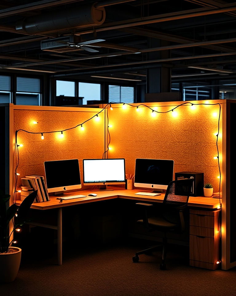 string lights to add warm glow - 30 Cubicle Decor Ideas
