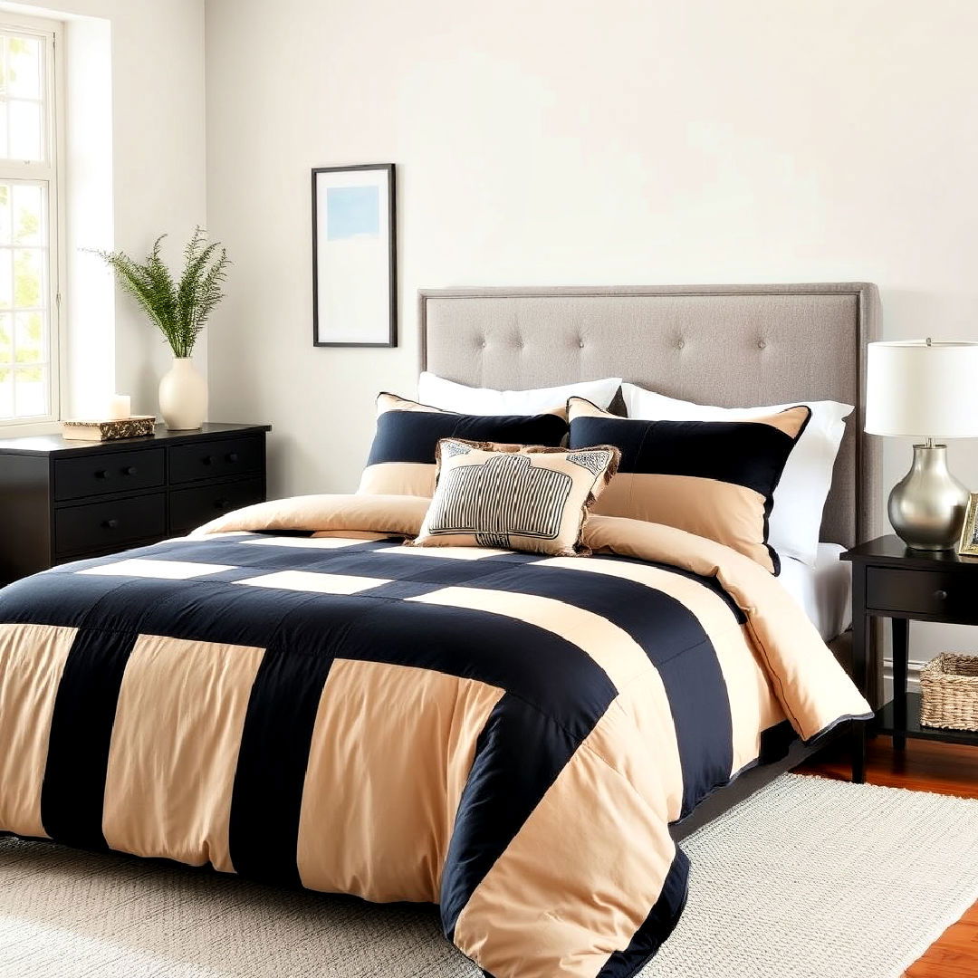 striped bedding for black and beige bedroom - 20 Black and Beige Bedroom Design Ideas