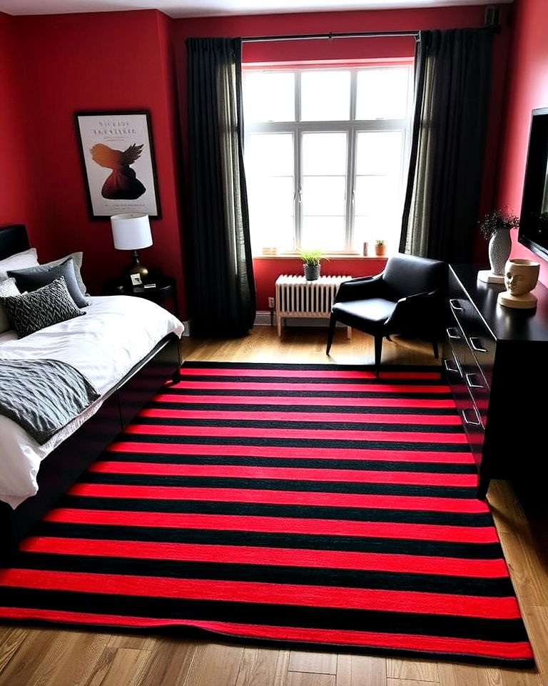 striped rug for red and black bedroom - 25 Red and Black Bedroom Ideas