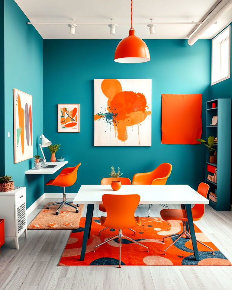 studio with teal walls and orange accents - 20 Teal and Orange Color Scheme for Your Rooms