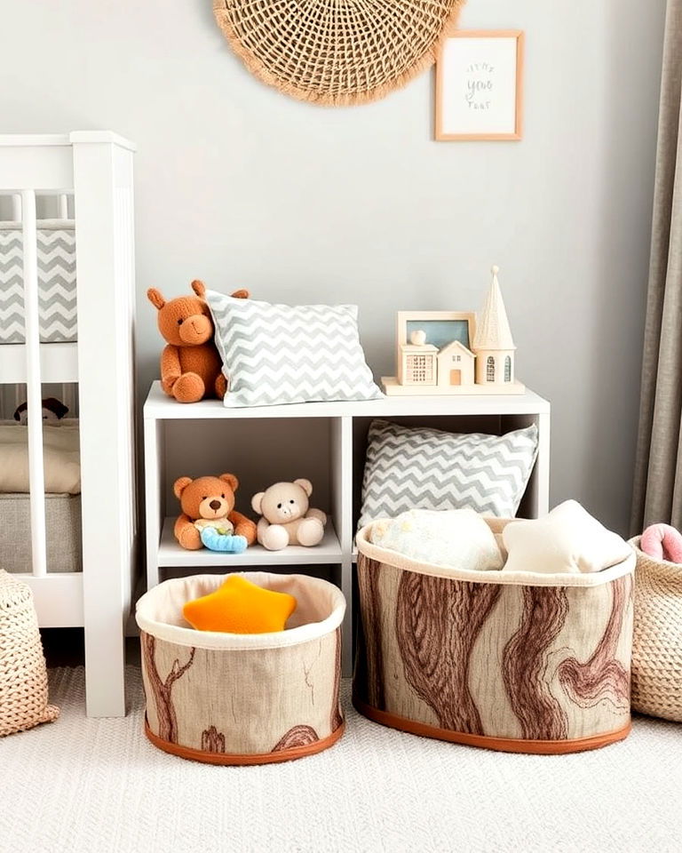 stump shaped storage bins - 25 Woodland Nursery Ideas