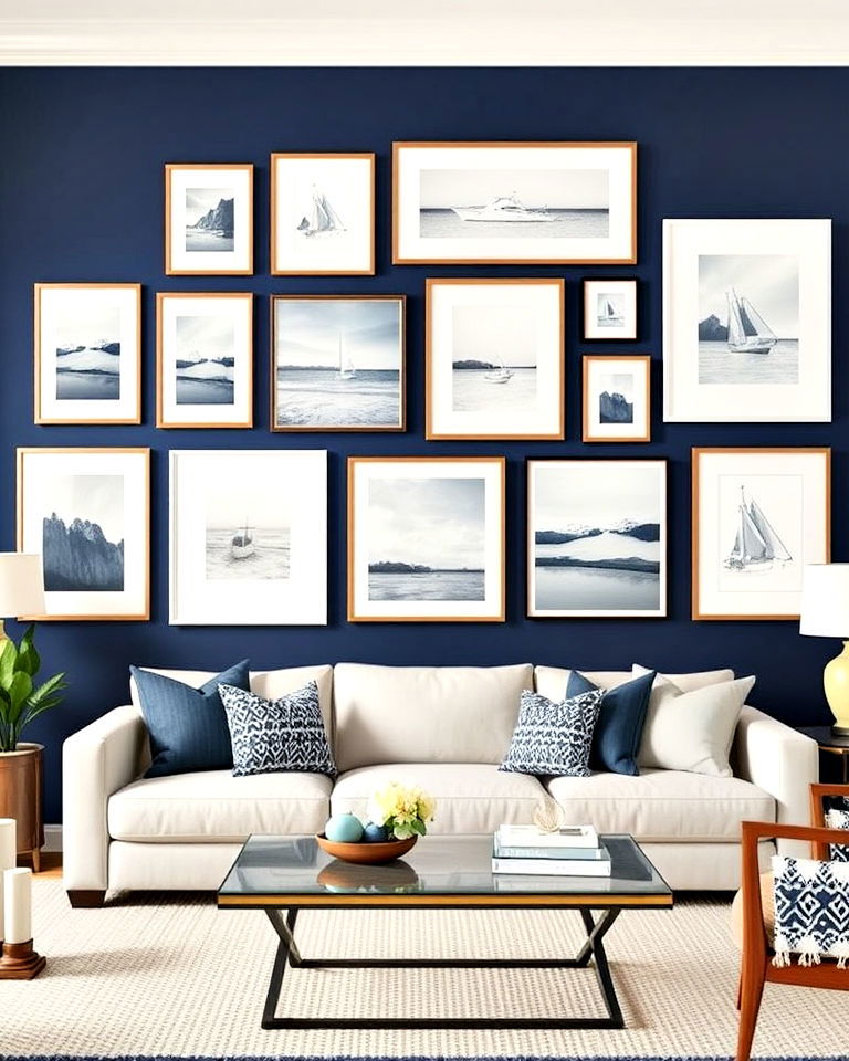 stunning navy and cream gallery wall - 25 Navy and Cream Living Room Ideas