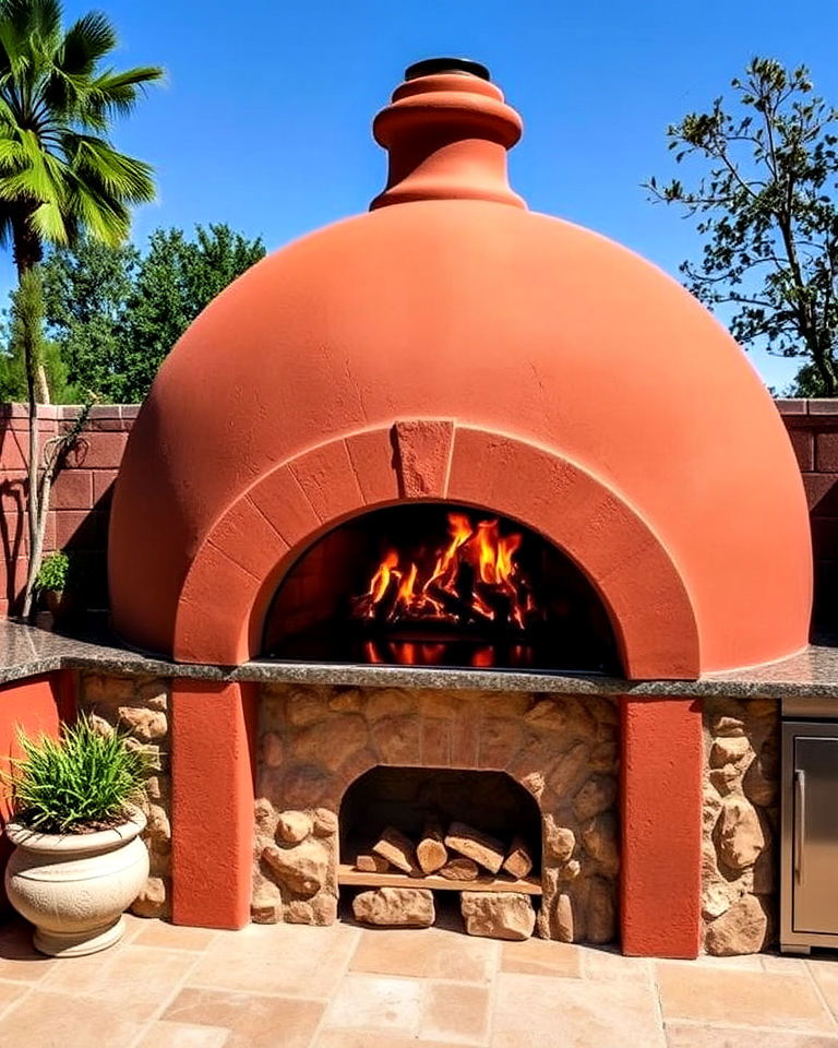stunning red clay pizza oven - 20 Spanish Style Outdoor Kitchen Ideas