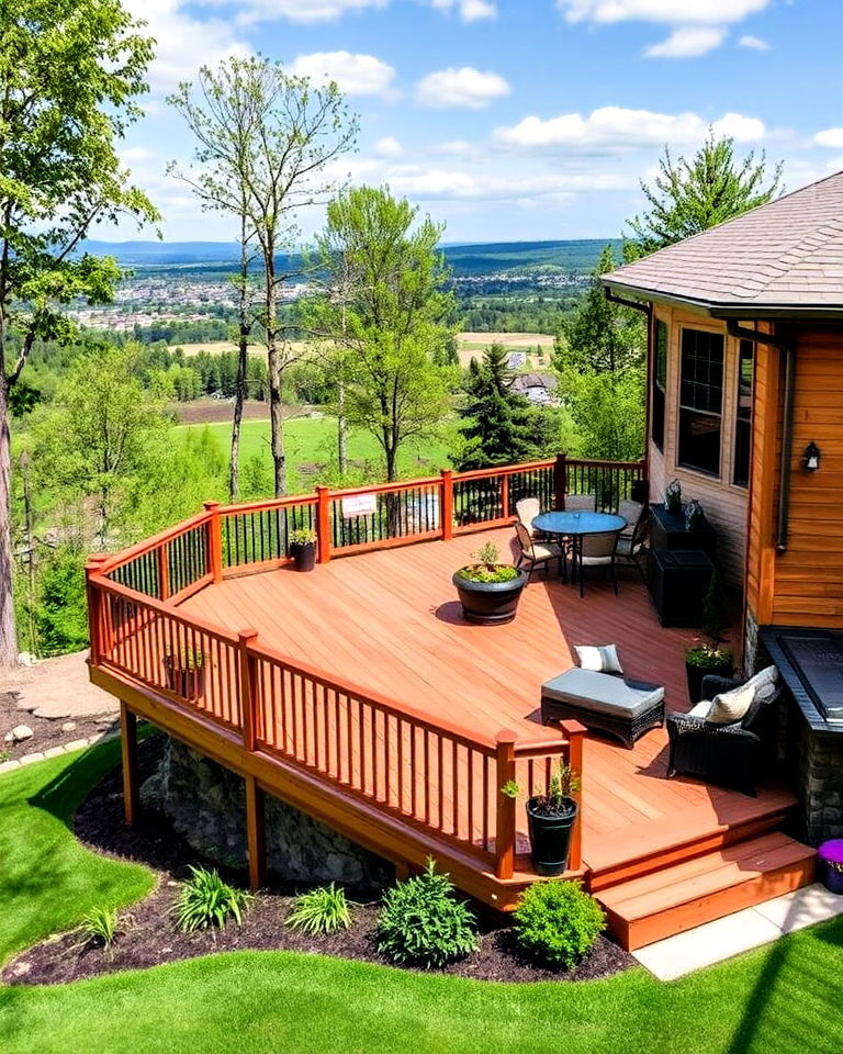 stunning wooden deck overlook - 25 Down Sloped Backyard Ideas