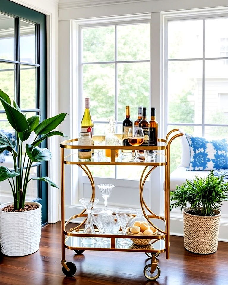 stylish bar cart for entertaining - 25 Sunroom Dining Room Ideas