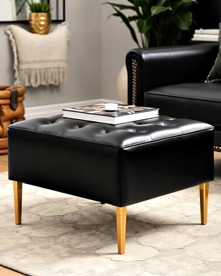 stylish black leather ottoman with gold legs - 40 Black and Gold Living Room Ideas
