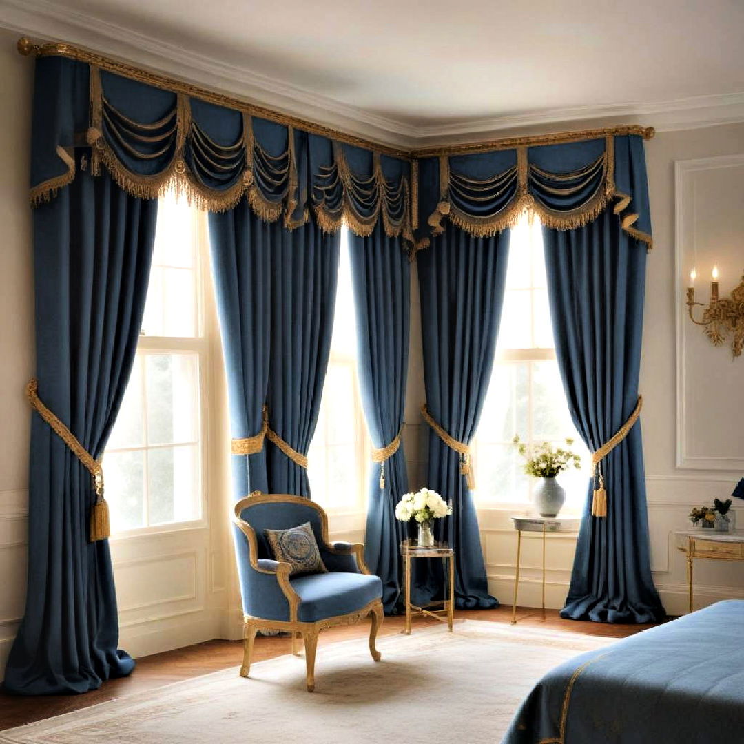 stylish blue curtains with gold trim - 20 Blue and Gold Bedroom Ideas