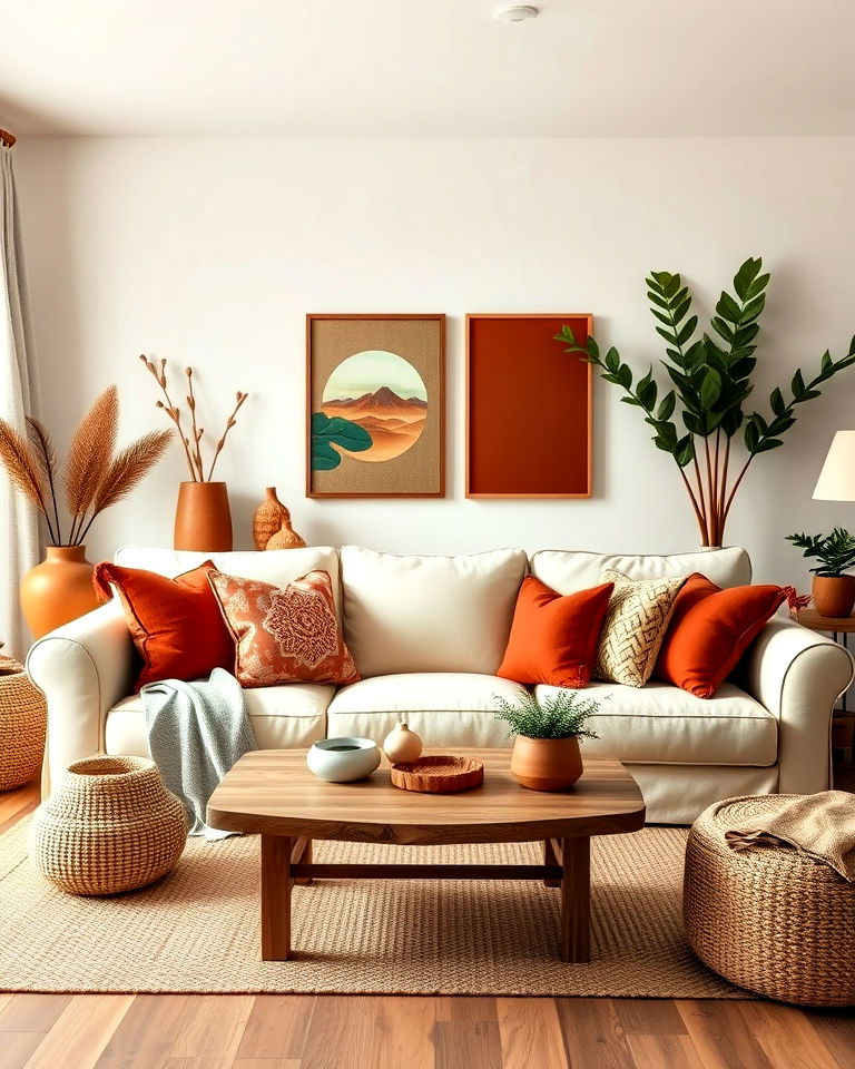 stylish cream couch with earthy tones - 20 Cream Couch Living Room Ideas