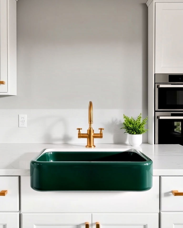stylish dark green ceramic sink - 40 Dark Green Kitchen Ideas