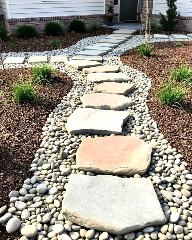 stylish dry creek bed with stepping stone pathway - 30 Front Yard Dry Creek Bed Landscaping Ideas
