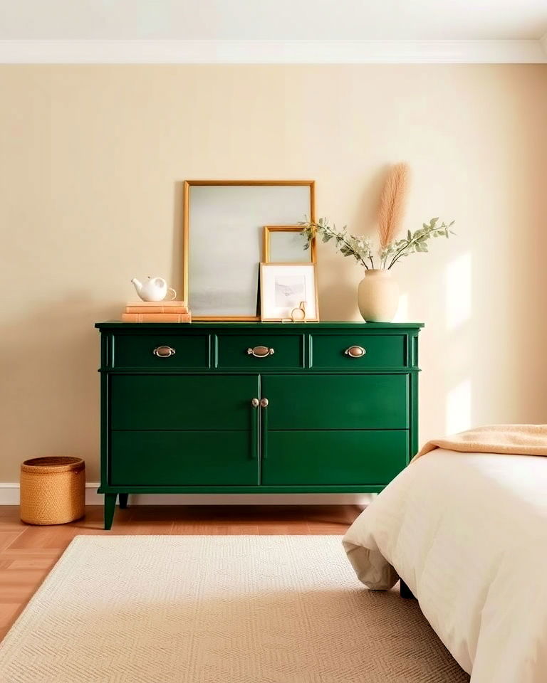 stylish forest green dresser with beige walls - 30 Green and Beige Bedroom Ideas