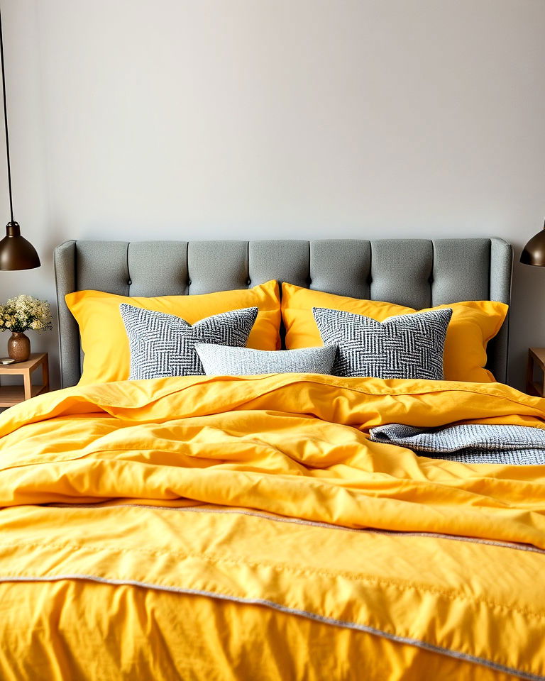 stylish grey bedframe and yellow bedding - 25 Yellow and Grey Bedroom Ideas