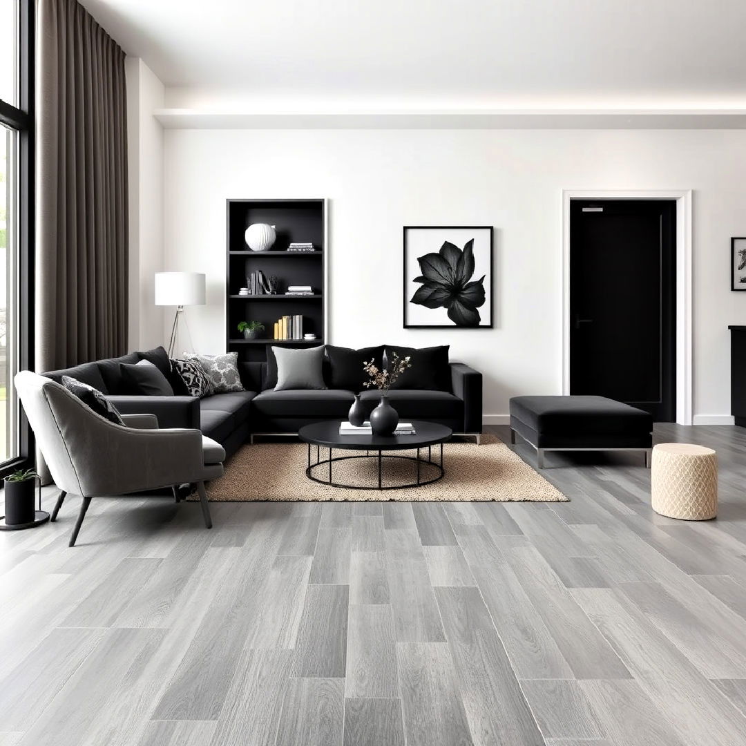 stylish grey faux wood tiles - 25 Grey Flooring Living Room Ideas