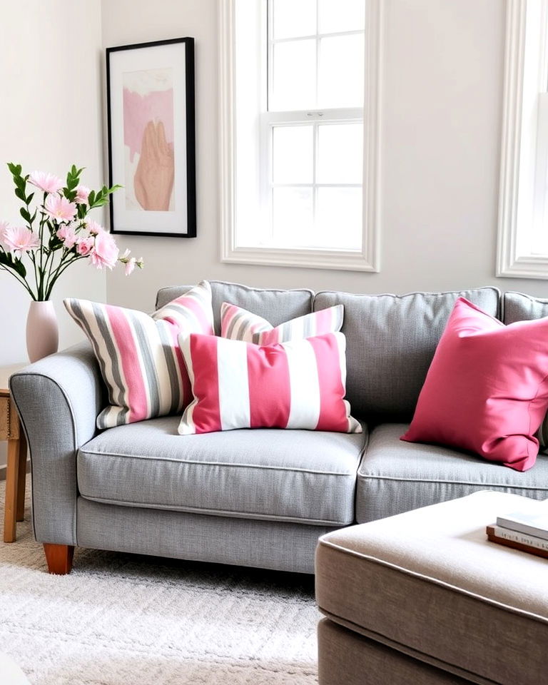 stylish grey sofa with pink and grey striped pillows - 25 Pink and Grey Living Room Ideas