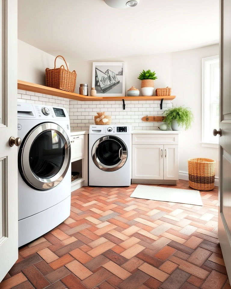 stylish herringbone brick pattern - 15 Brick Floor Laundry Room Ideas