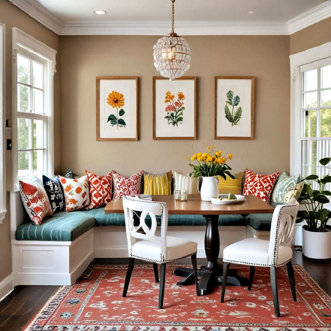 stylish l shaped banquette and patterned cushions - 40 Banquette Seating Ideas