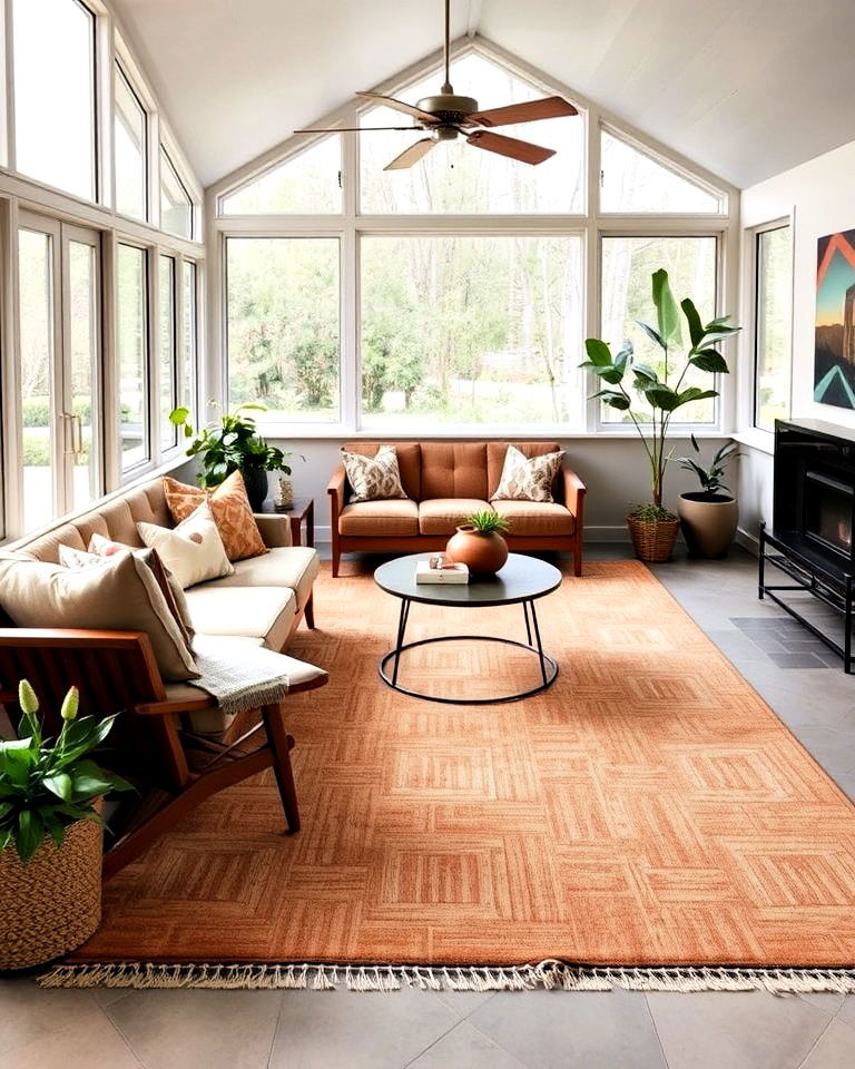 stylish large area rug - 20 Mid-century Modern Sunroom Ideas