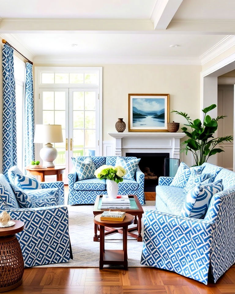 stylish look blue and white patterned upholstery - 30 Blue and White Decor Ideas