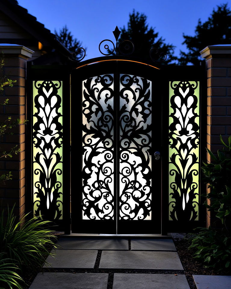 stylish metal gate with backlit panels - 25 Metal Garden Gate Ideas