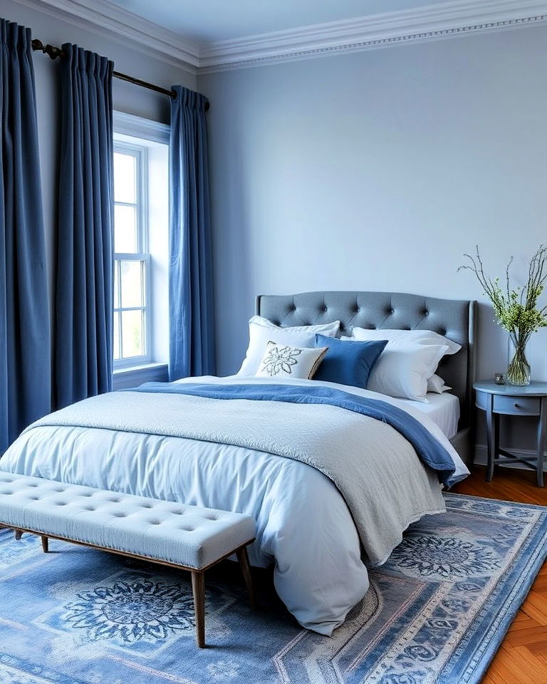 stylish monochromatic blue layers - 15 Moody Blue Bedroom Ideas