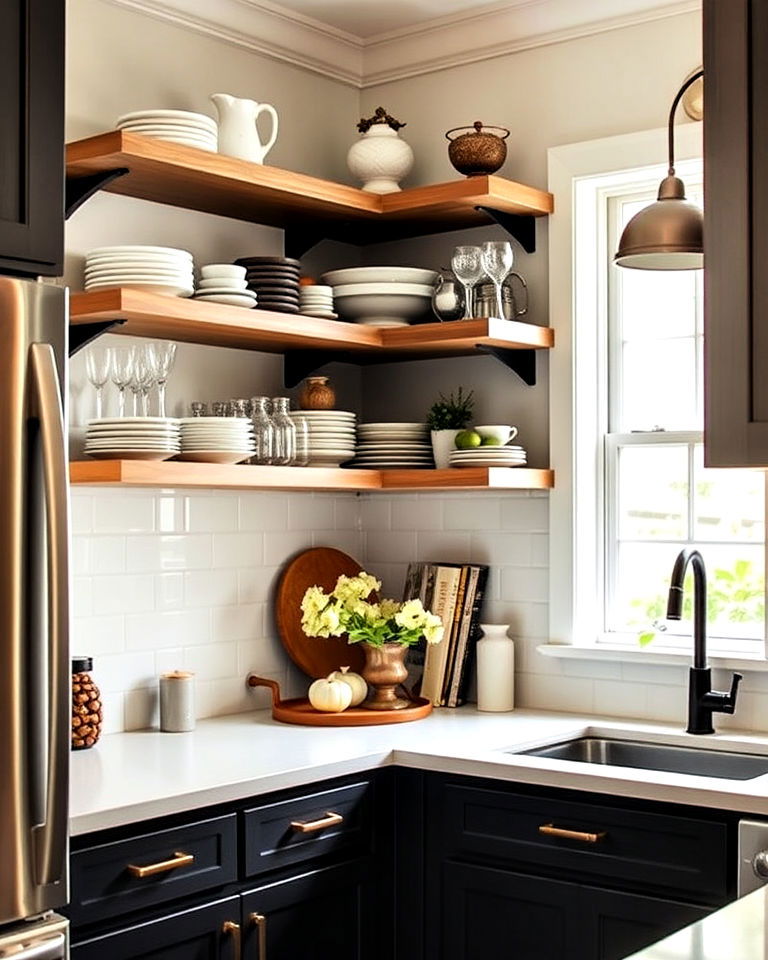 stylish open shelving display in kitchen corner - 15 Kitchen Corner Ideas