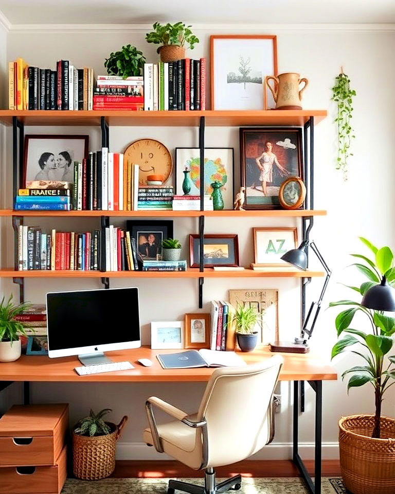 stylish open shelving for personal touches - 25 Eclectic Home Office Ideas