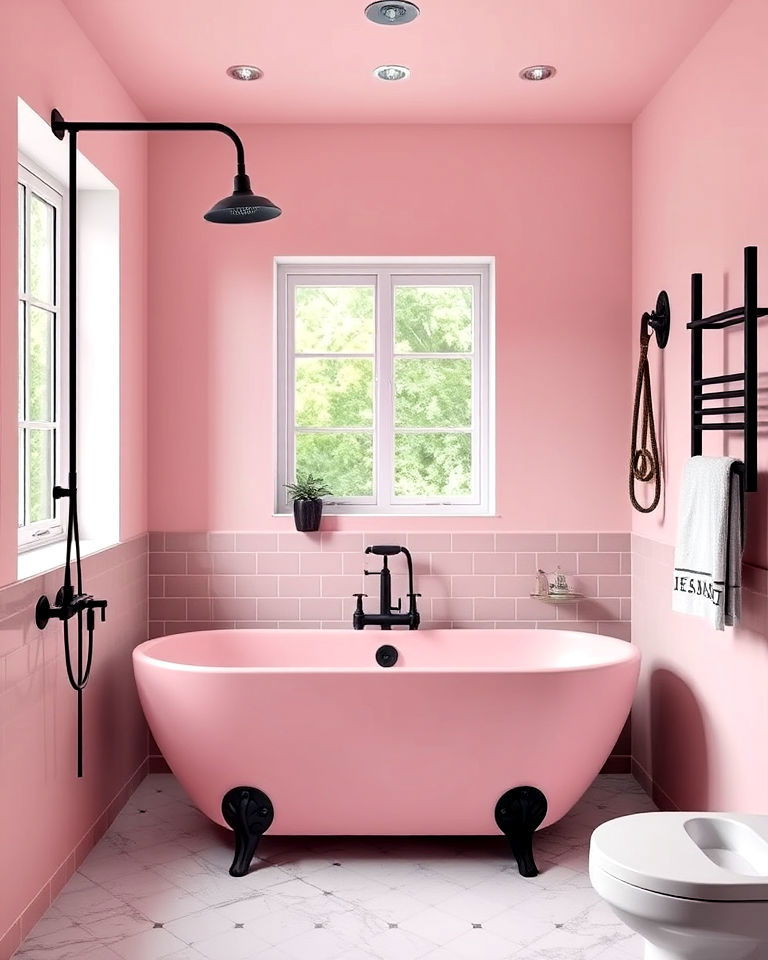 stylish pink bathtub with black fixtures - 25 Pink and Black Bathroom Ideas