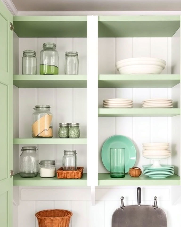 stylish sage green open pantry shelves - 25 Sage Green and White Kitchen Ideas