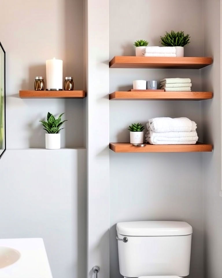 stylish storage with floating shelves - 40 Primary Bathroom Ideas