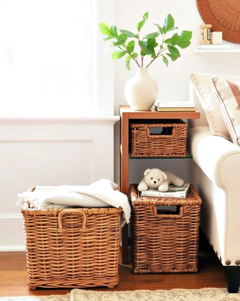 stylish storage with wicker baskets - 20 Magnolia Living Room Ideas