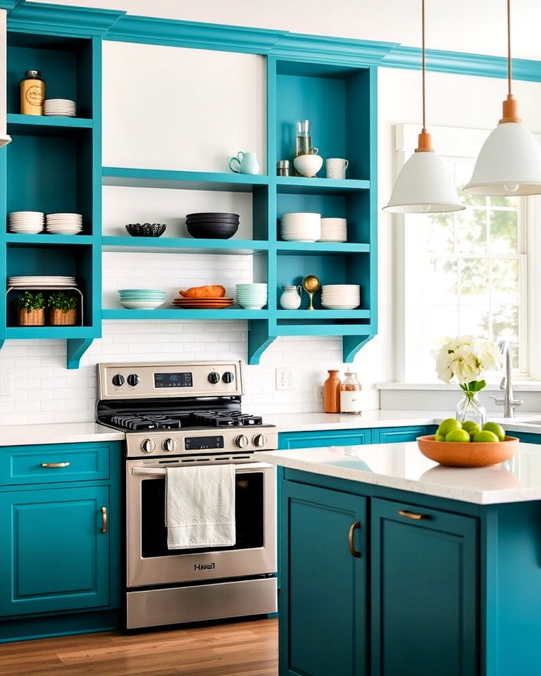 stylish teal and white open shelving for kitchen - 20 Teal and White Kitchen Ideas
