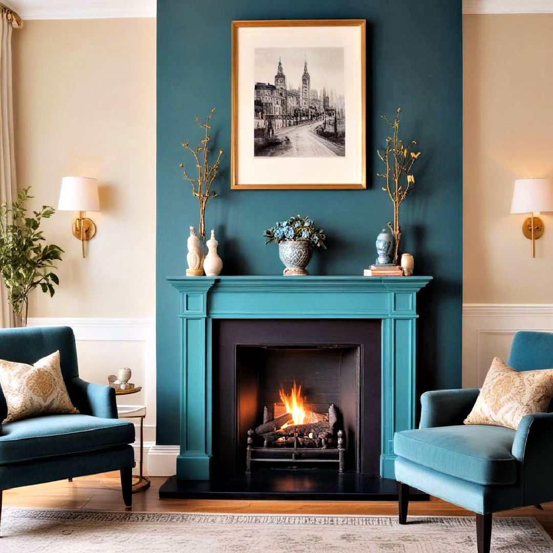 stylish teal fireplace mantel - 25 Teal Living Room Ideas